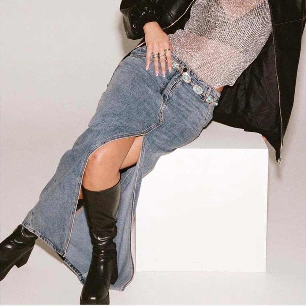 LIONESS Barbie Split Midi Denim Skirt